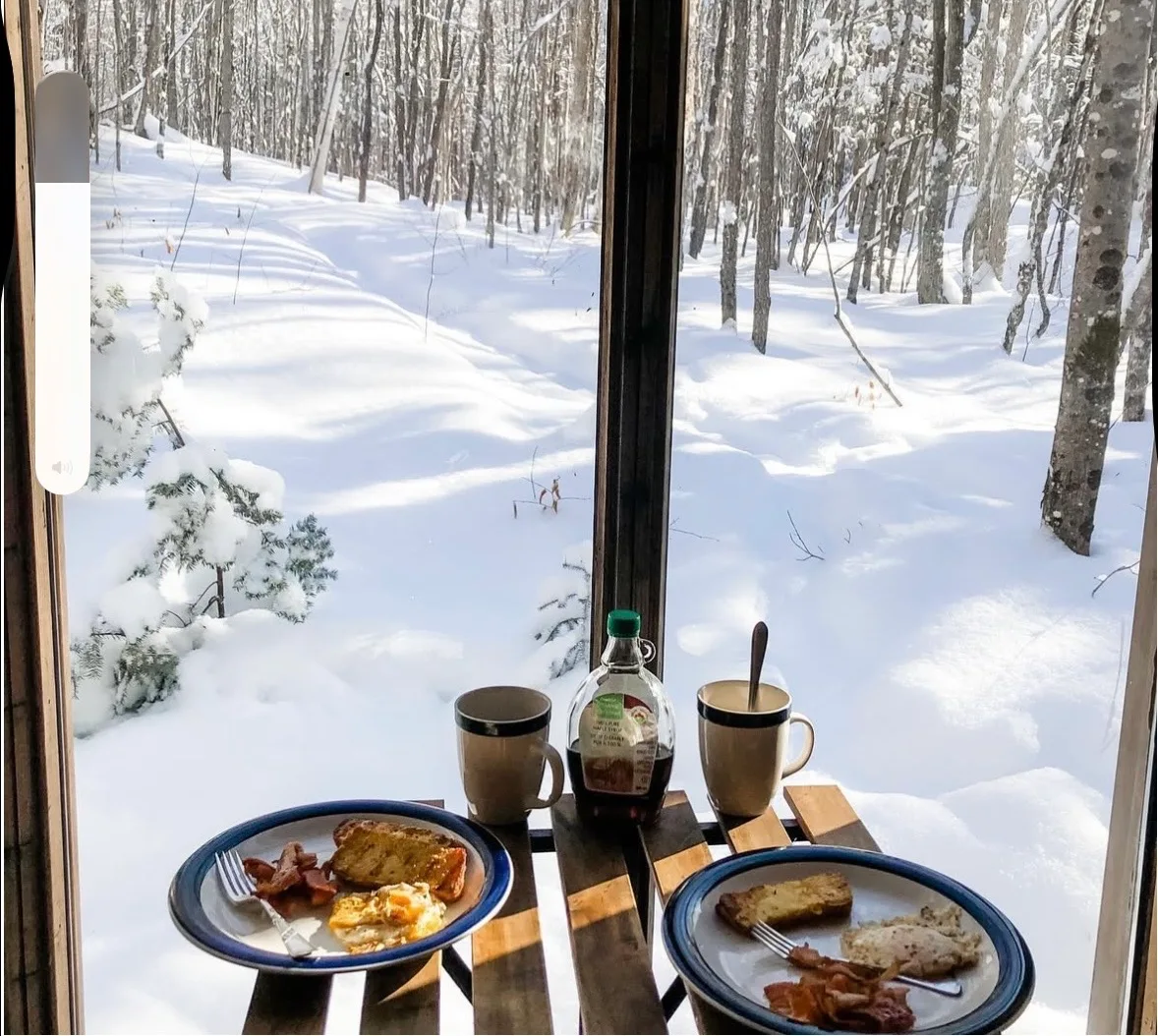 Breakfast with snowy forest view