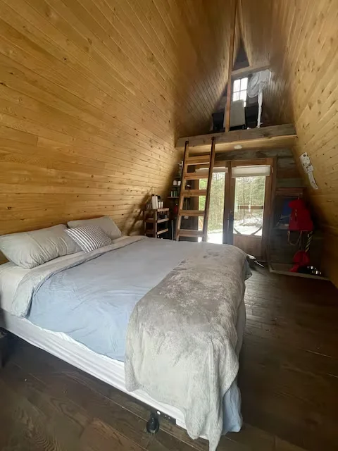 Queen bed with loft ladder and forest view