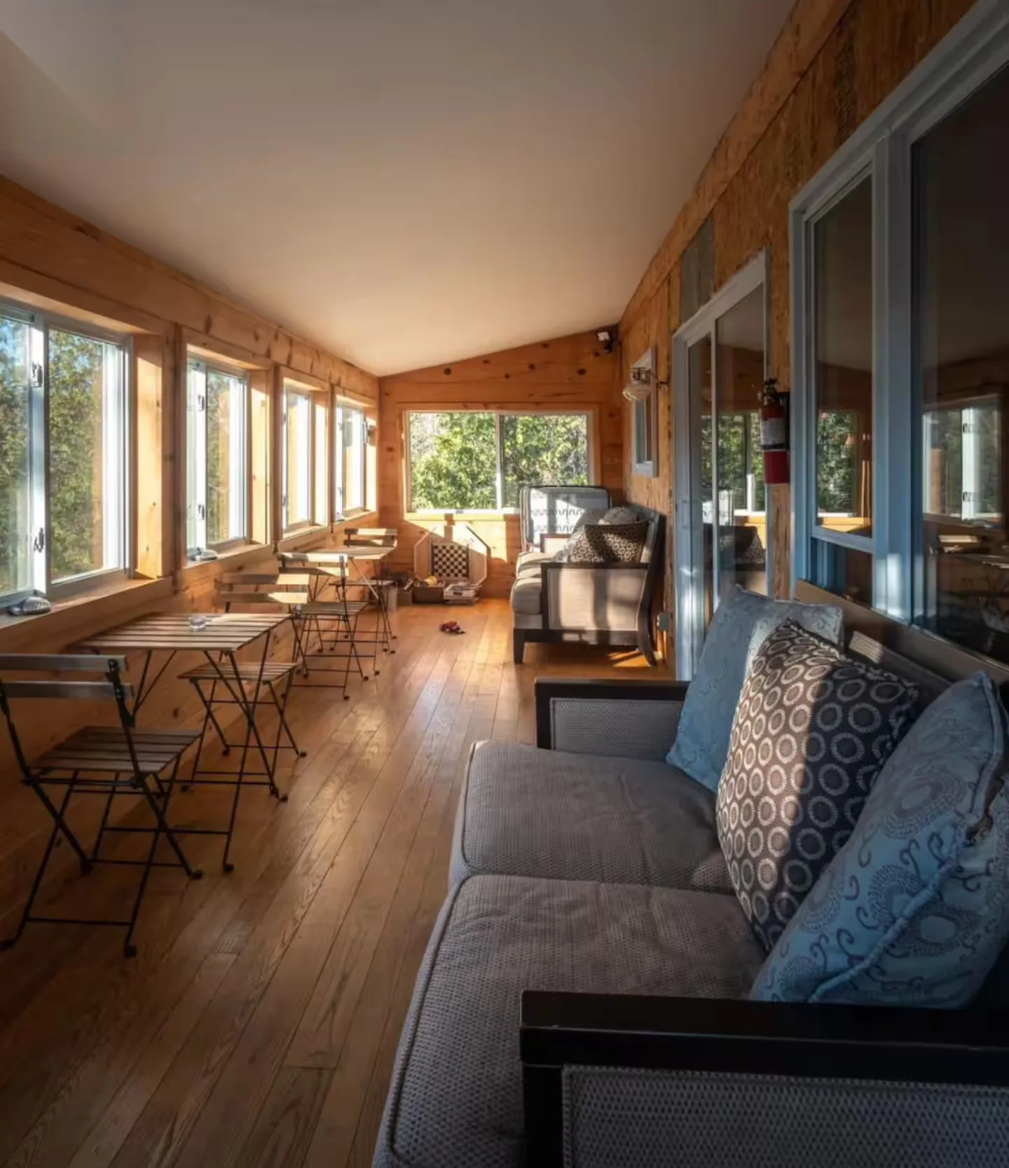 Bright sunroom with hardwood floors and forest views